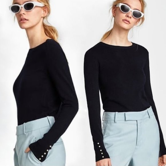 Zara Sweaters - ❌ SOLD ❌  ZARA Black Knit Sweater with Pearl Cuffs